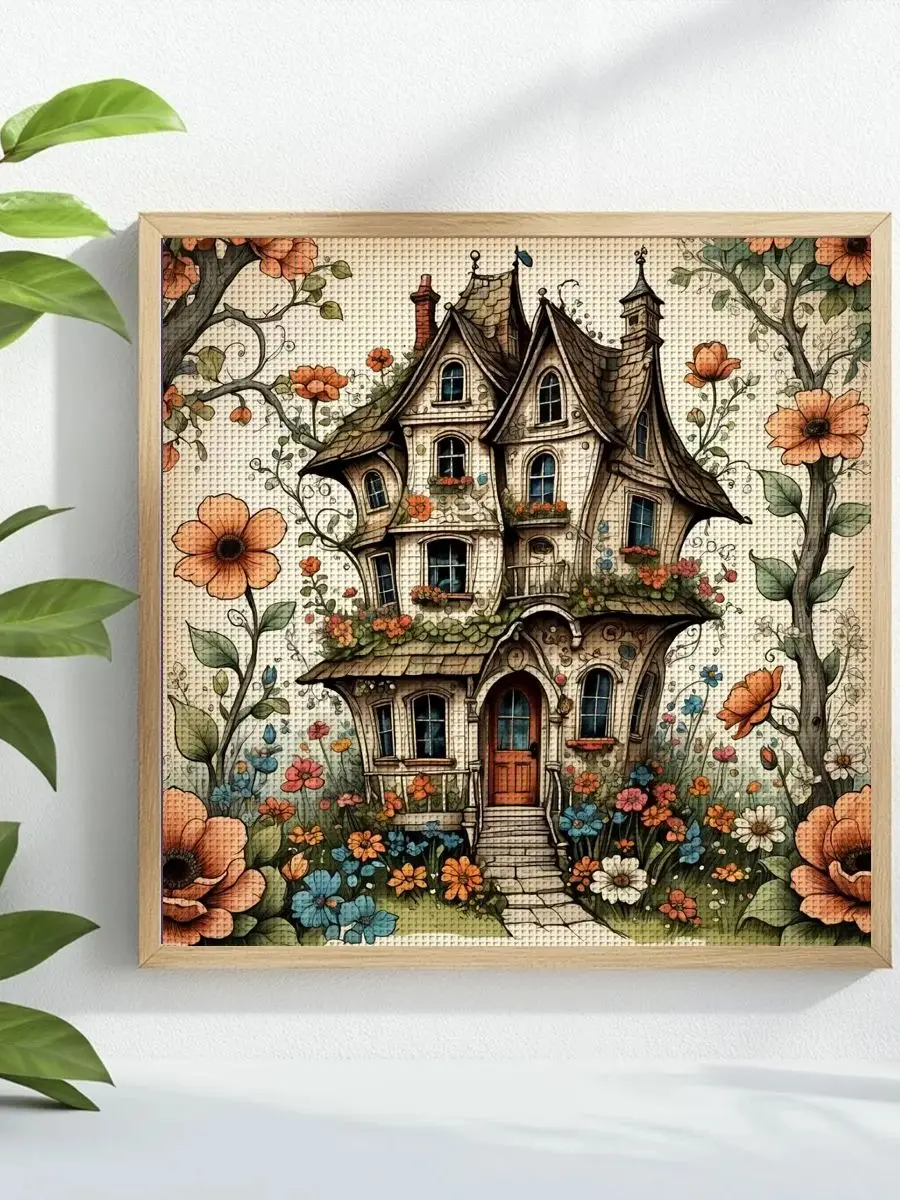 1 Stück 40x40 cm/15,74 Zoll Kreuzstich-Set mit Hausmotiv, DIY-Set 11CT/14CT, DIY-Stickset, Zubehör für Kreuzstich-Set – Detail 1