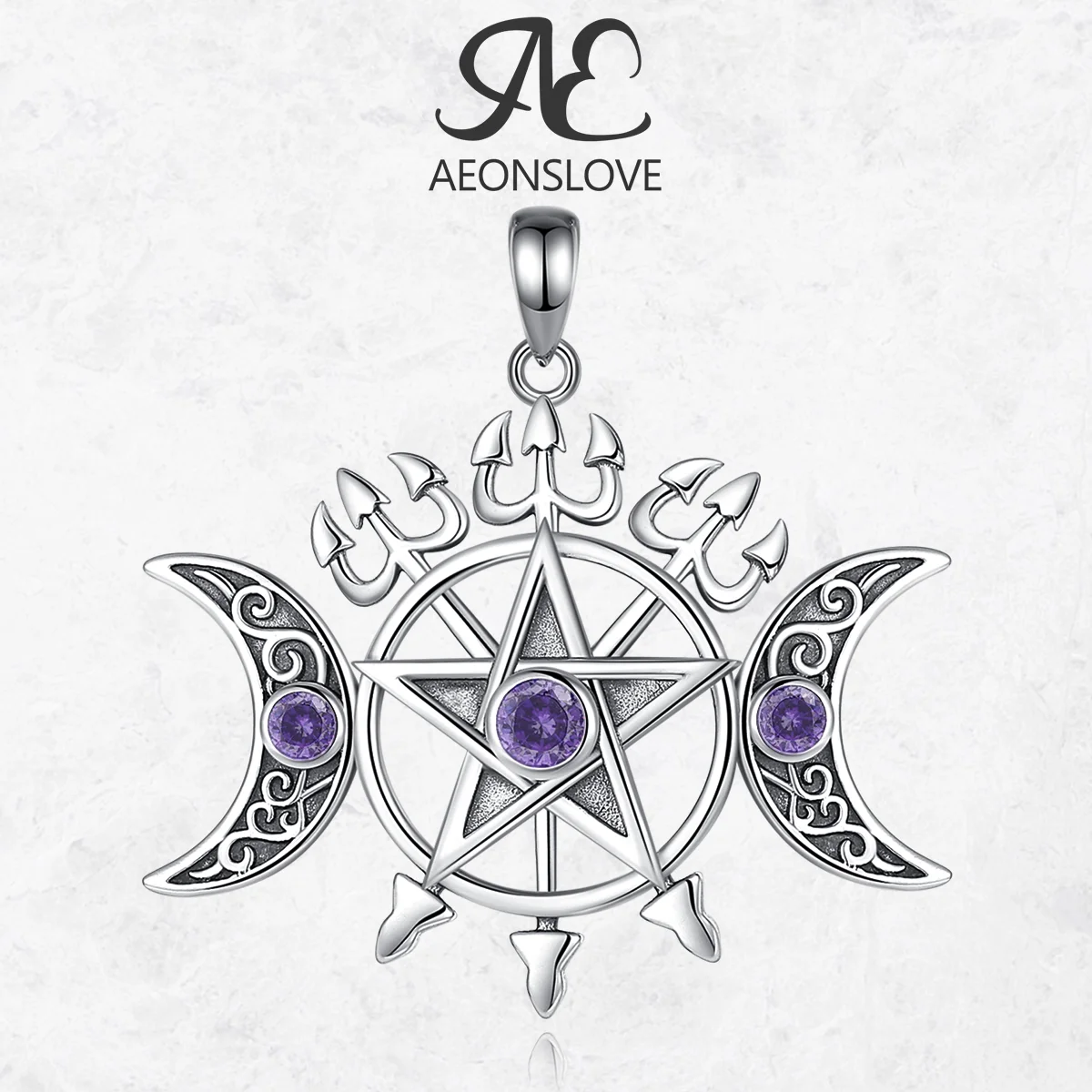 

AEONSLOVE 925 Sterling Silver Hecate Triple Moon Goddess Necklace Pentagram Poseidon Trident Pendant Wiccan Pagan Jewelry Amulet