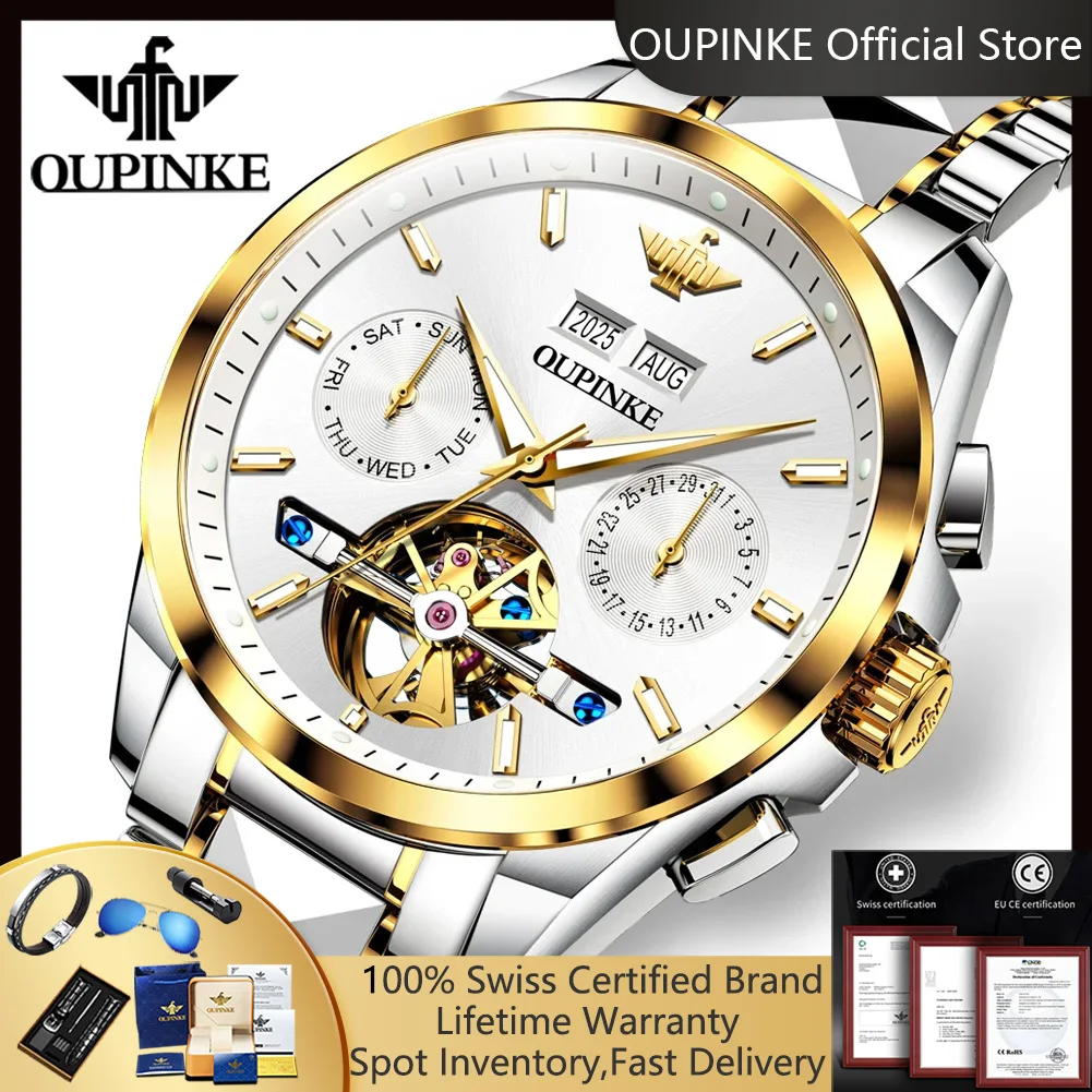 OUPINKE 3290 Automatikuhren Luxus Skelett-Schwungrad Mechanische Uhren für Herren Datum Wasserdicht Leuchtend Business Herrenuhr