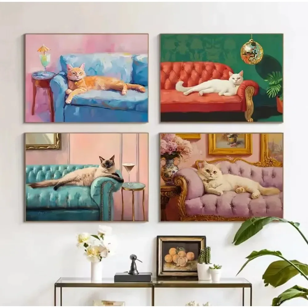 1pc frameless Canvas Painting Vintage Trendy Cute Black Cat with Disco Ball&Tropical Drink Cocktail Poster Canvas Painting Wall