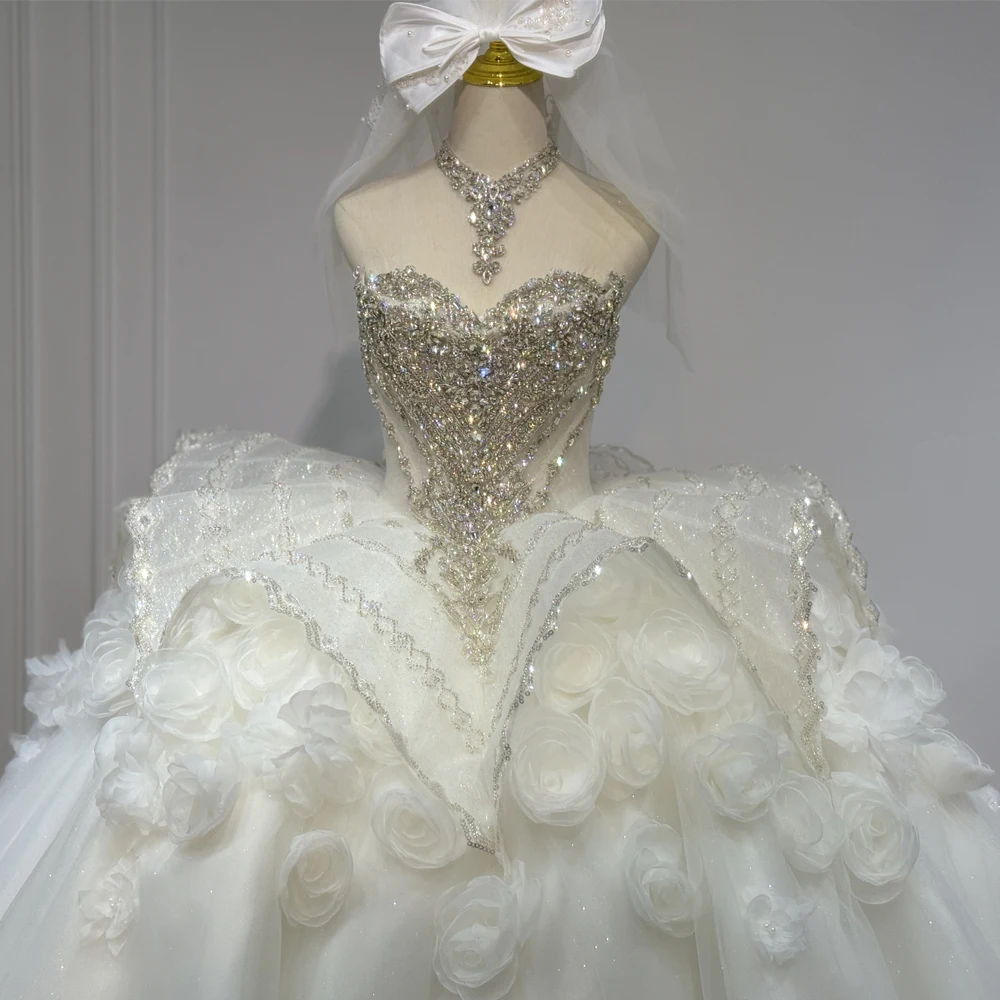 Rhinestone Wedding Bridal Dress Beading Crystal 3D Flower Sweetheart Sleeveless Lace Up Back Ball Gown For Brides