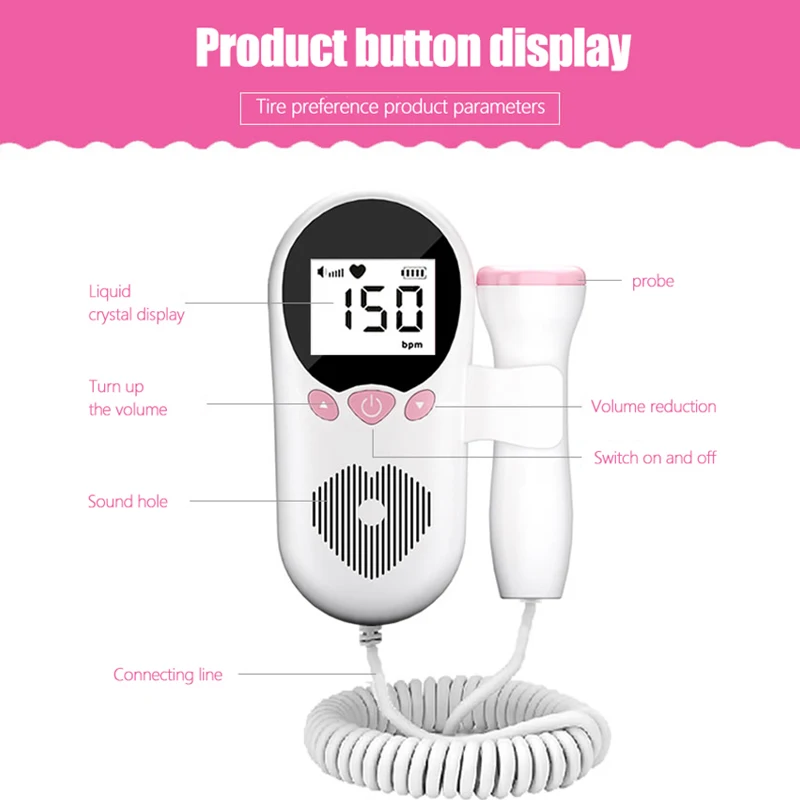 Ultrasound Doppler Fetal Baby Heart Rate Detector Portable Heartbeat Monitor Pregnant Women No Radiation Built-in speakers