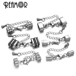 REAMOR 316l Stainless Steel Connectors Clasps With Extender Chain For 5/10/12mm Leather Bracelet End Cap Jewelry Making Findings