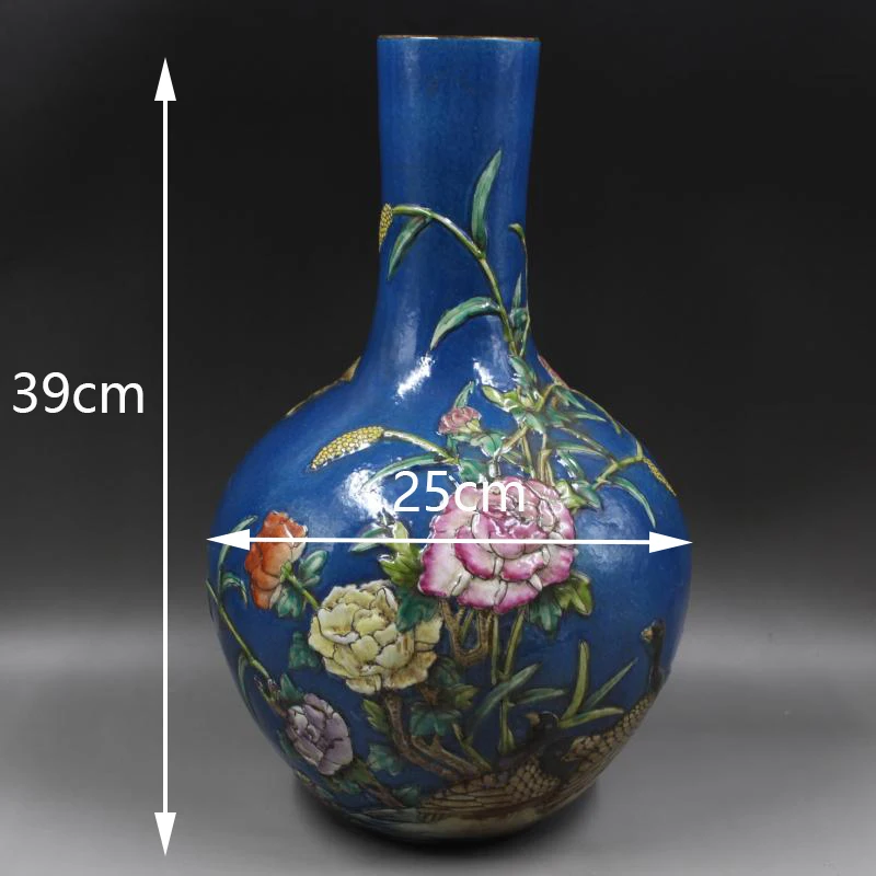 Navy Blue Vase Tall Peony Flower Antique Chinese Famille Rose Porcelain Vase Large Engraved Vase