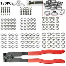130pcs Single Ear Stepless Hose Clamps 5.8-21mm 304 Stainless Steel Hose Clamps Cinch Clamp Rings or 1PC Hose Clip Clamp Pliers