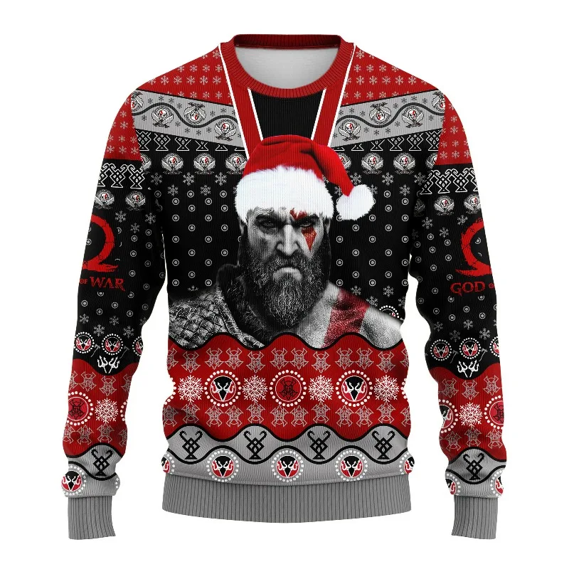 God of War Kratos عيد الميلاد نمط قبيح البلوز سانتا قبعة الرسم الكبار أعلى بنين بنات الشتاء عطلة ارتداء الأسرة مطابقة