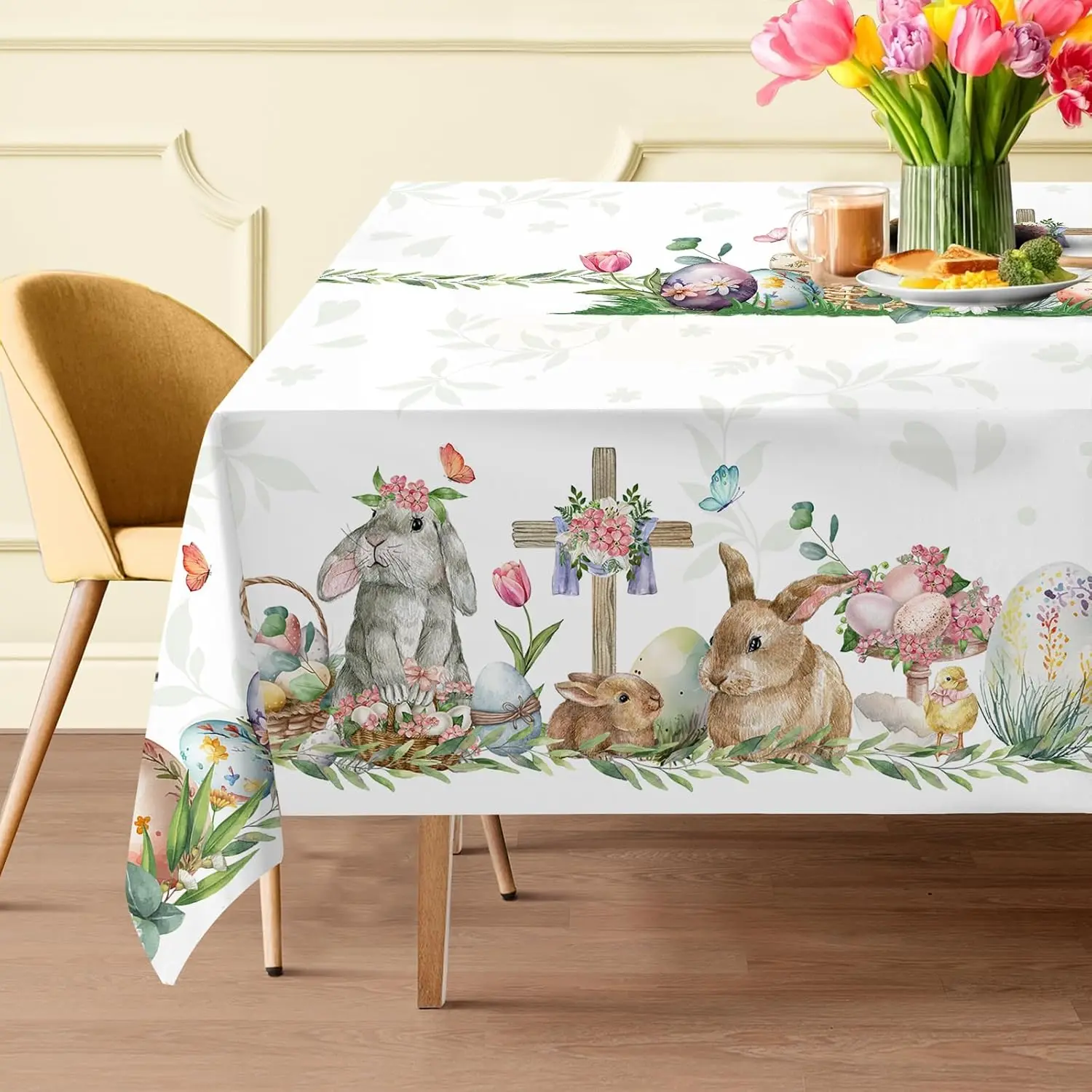 Easter Bunny Eggs Printed Waterproof Tablecloth Dining Table Decor Spring Tulip Flower Rectangle Table Cloth Holiday Party Decor