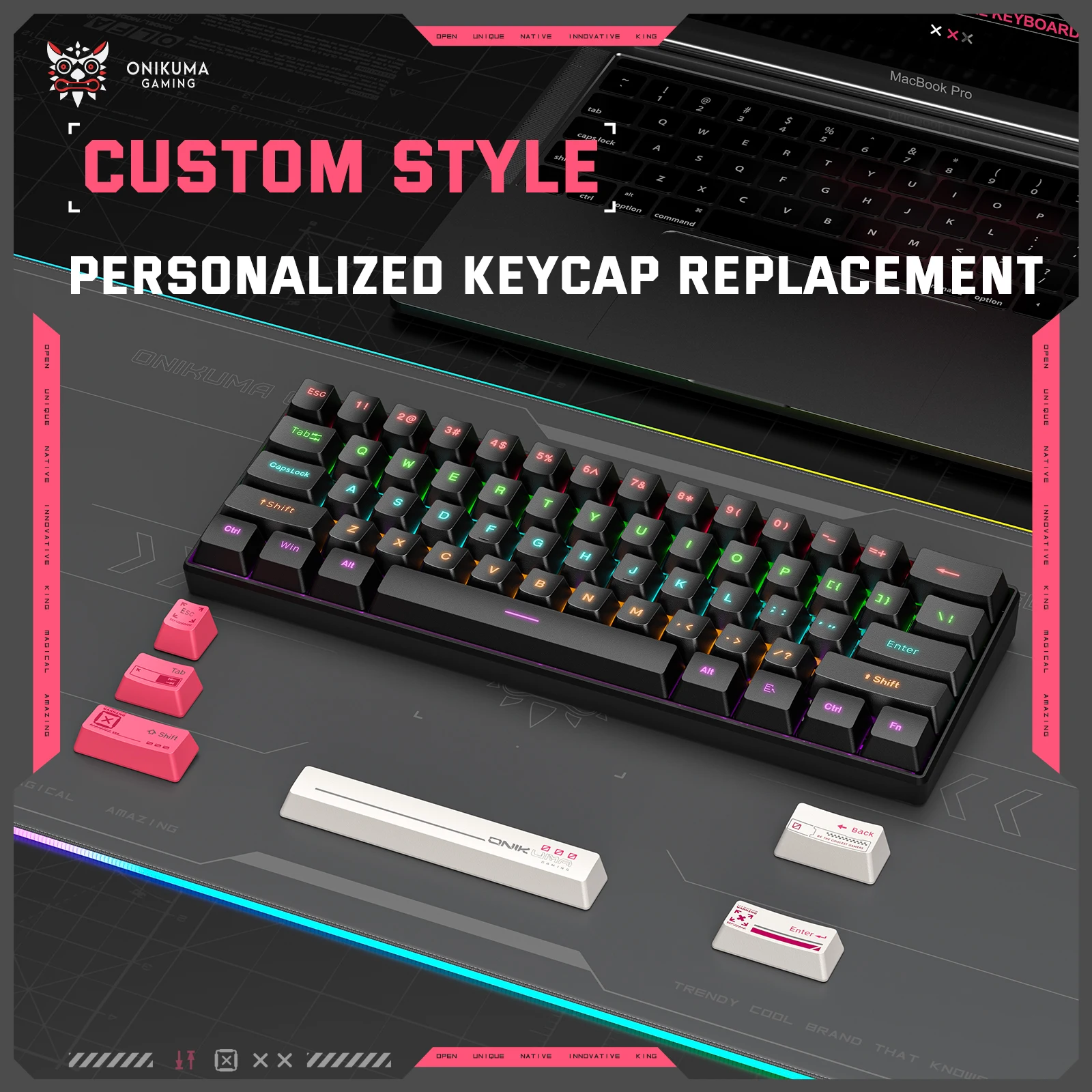 ONIKUMA  Professional Portable Wired Gaming Keyboard with RGB Backlit 61 Keys Mechanical Keyboards Matte Key Caps For PC