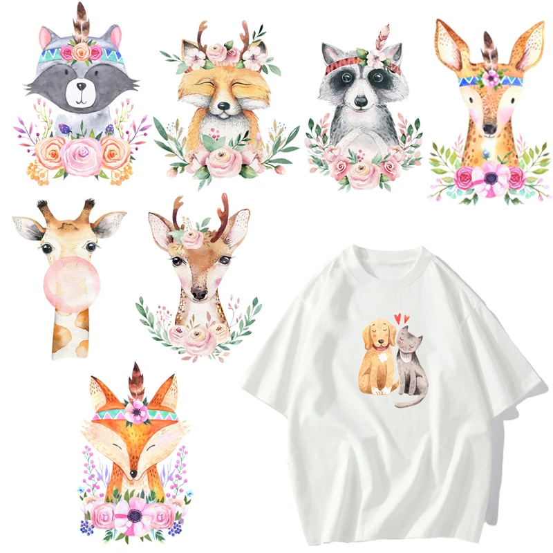 5 types Cartoon animal giraffe raccoon fox DTF Thermo Sticker Decals Heat Transfer Clothes Clothing Crafts Ironing Diy Accessory