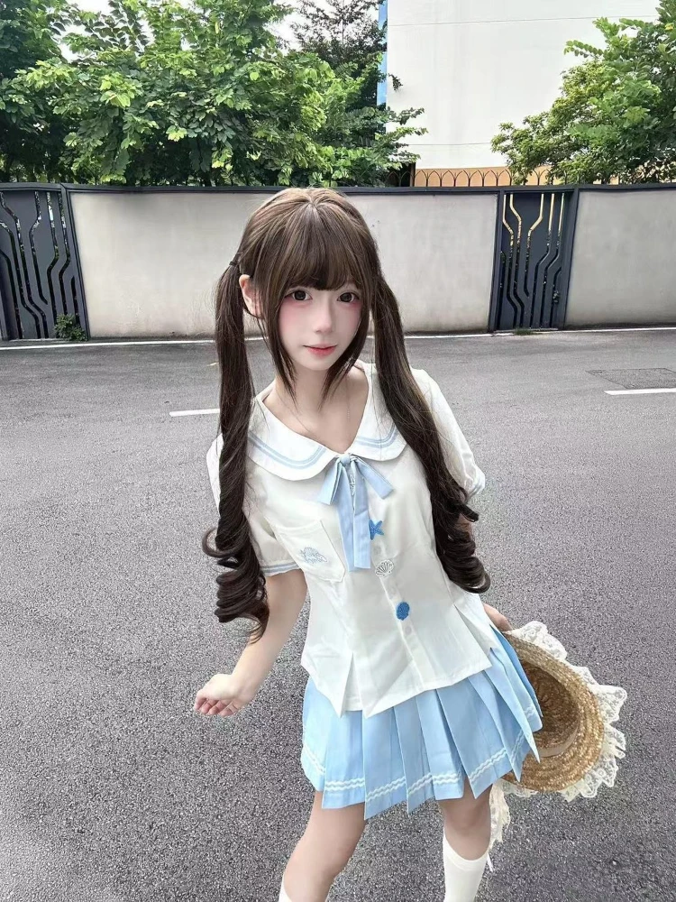 

Y2k Japan Kawaii 2 Piece Sets Womens Outifits Harajuku Vintage Sweet Suit Summer 2000s Peter Pan Collar Slim Tees + Mini Skirts