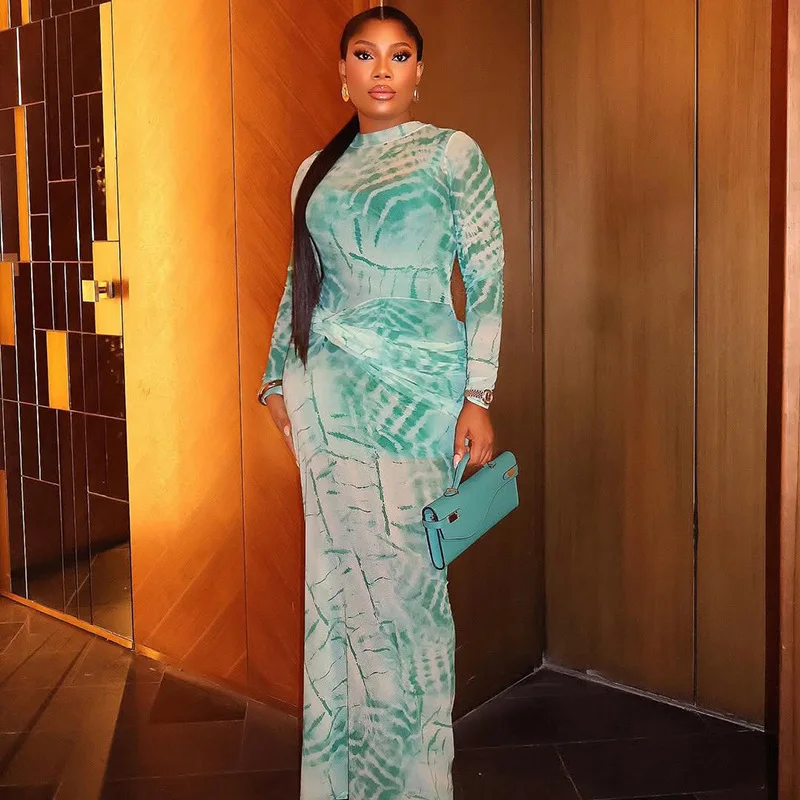 

2025 New Women's Fashion Printed Gauze Waist Slim Sexy Hip Skirt High Neck Elegant Long Sleeve Temperament Long Dress Lady