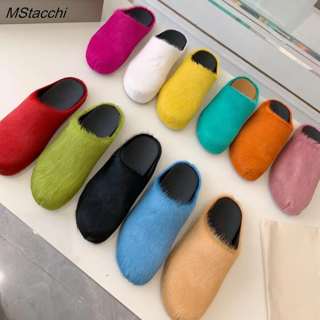 Real Leather Fur Women Horsehair Half Slippers Luxury Designer Brand Mule Runway Flats Thick Sole Leisure Unisex Man Shoes 2024