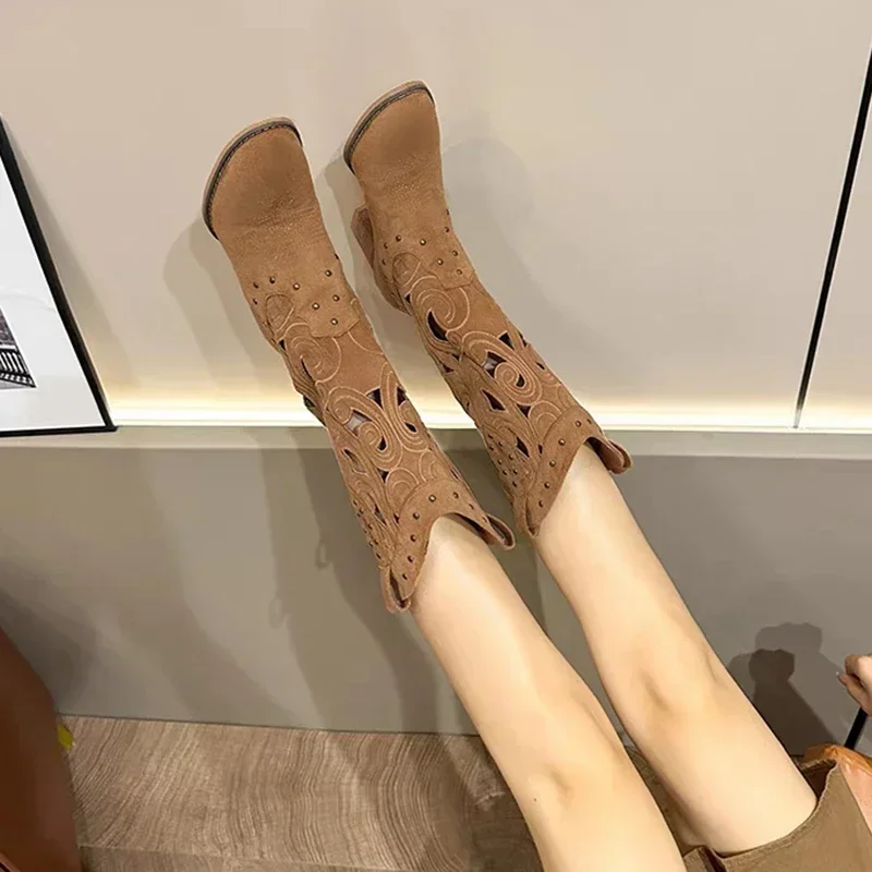 Stivali western retrò ricamati cavi Stivaletti da cavaliere in pelle Pu da donna Nuovo autunno 2025 Stivali da cowboy da donna alti al ginocchio con tacco grosso