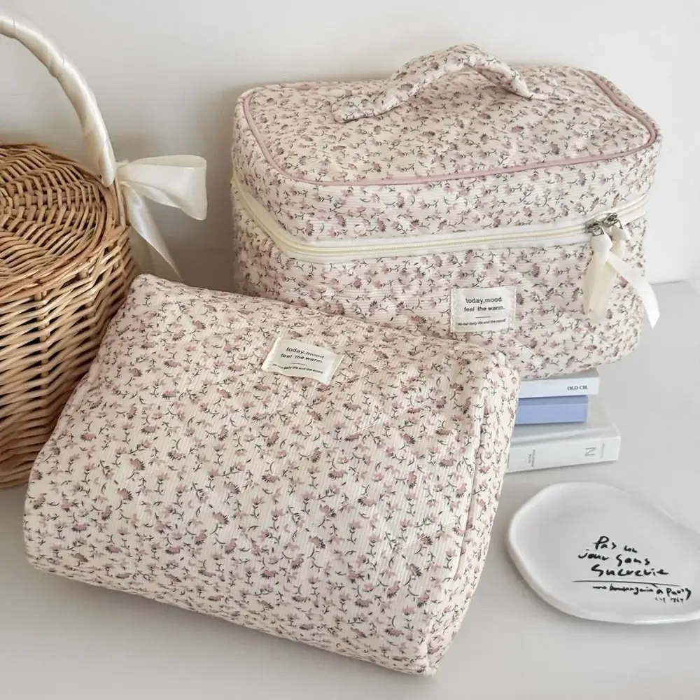 Fashion Corduroy Aesthetic Cosmetic Organizer Large Capacity Zipper Floral Makeup Pouch Washbag Makeup Brush