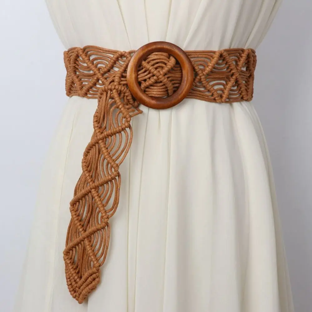 

Retro Simple Waist Rope Wax Rope All-match Beach Women Waist Chain Braided Belt Round Wooden Button Ethnic Style Belts