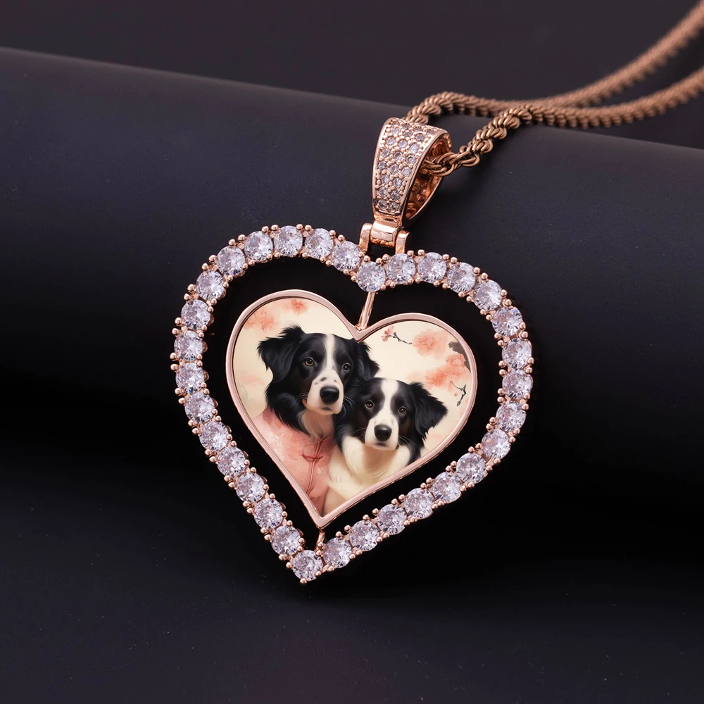 New Iced Out Fashion Sublimation Heart Shape Memory Picture Pendant HipHop Rotating Double CZ Heart Frame Photo Necklace Jewelry
