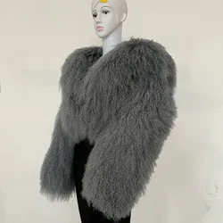 Mongolian Fur Coat Women Big Turn-Down Collar Short Real Fur Coat Winter Ladies Fashion Warm Fluffy Jacket Female Fall