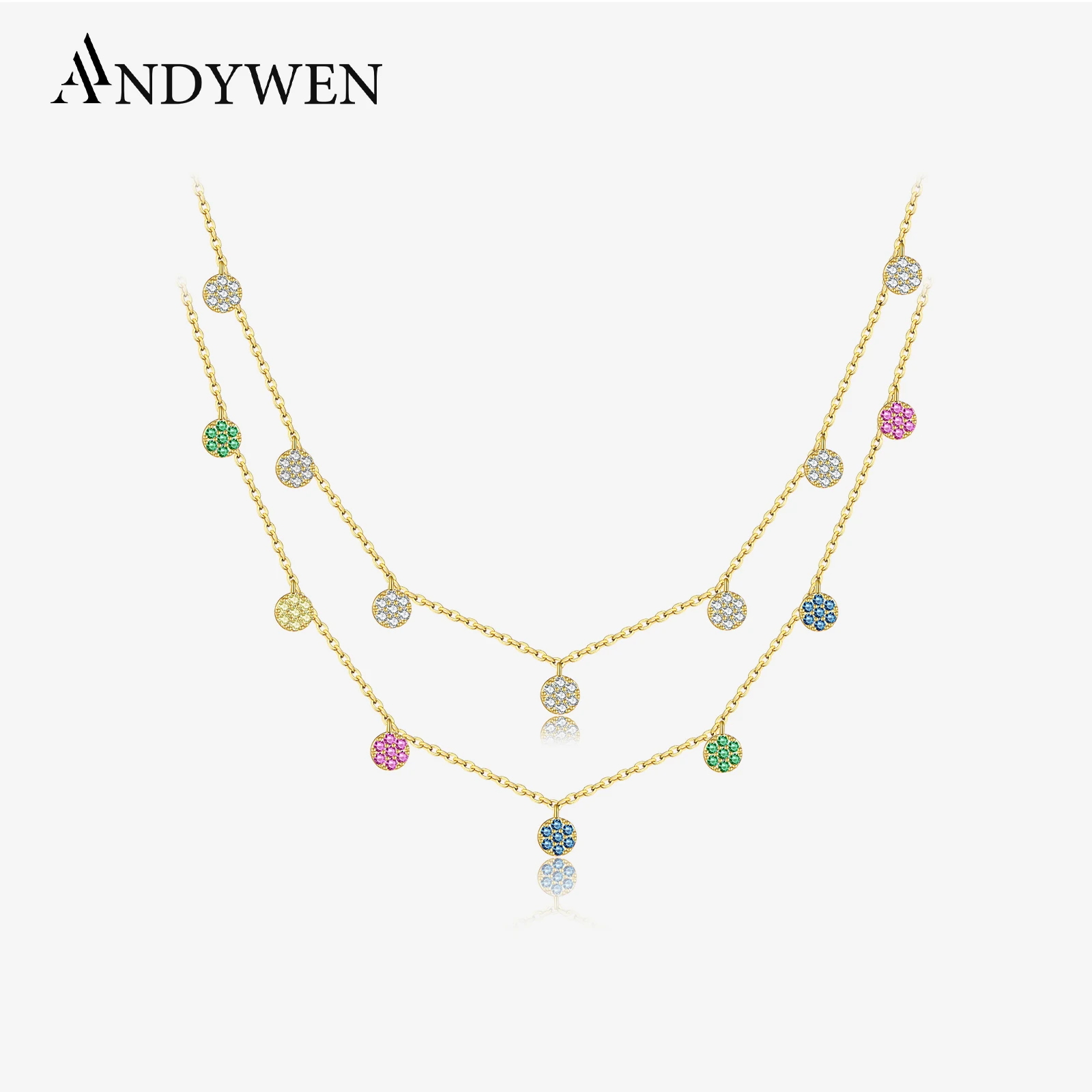 ANDYWEN 925 Sterling Silver Gold Colorful Zircon Crystal Round Flower Charms Pendant Choker Necklace Long Chain Women Fine Jewer