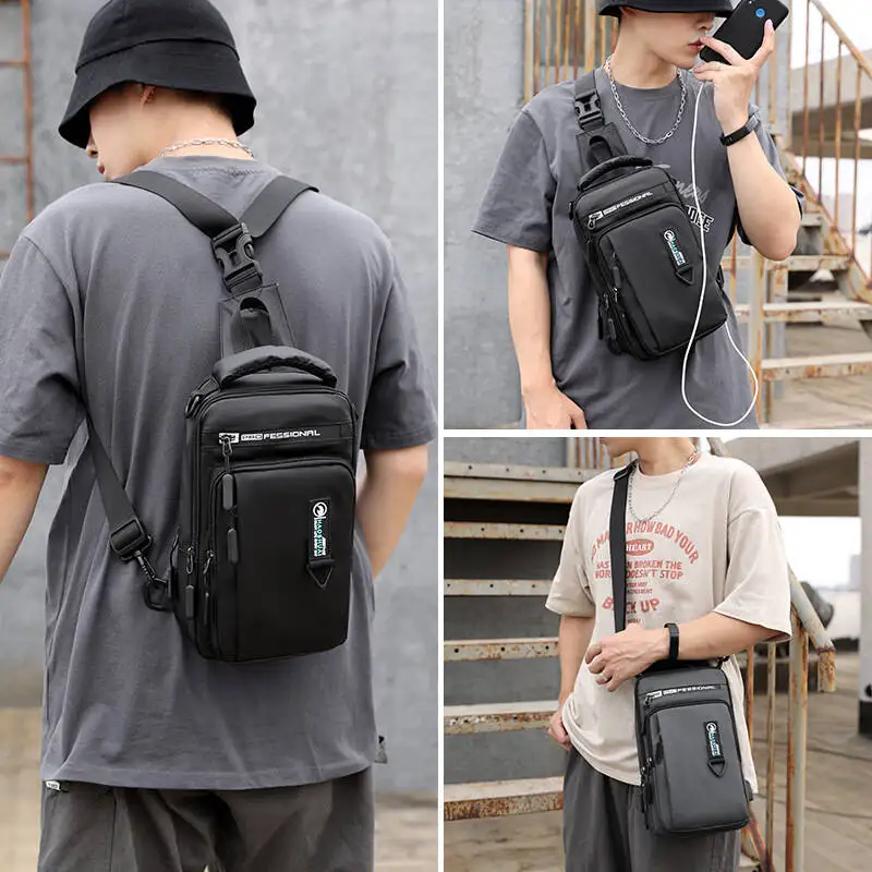 Men Small Backpack Chest Pack Shoulder Bag with USB Charging Port Travel Male Waterproof Nylon Sling Messenger Cross body Bags