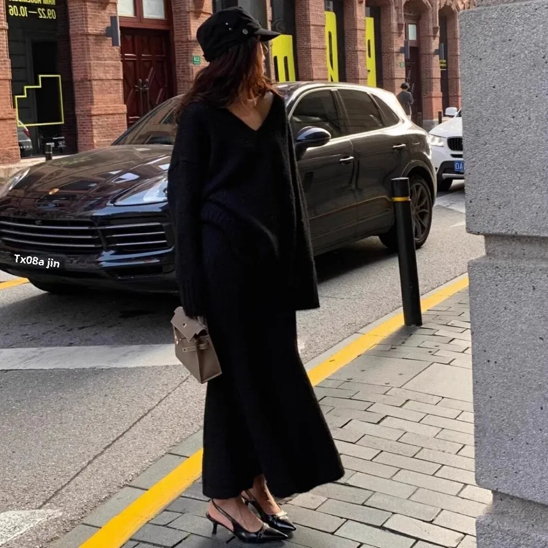 المرأة الخريف/الشتاء الخمول نمط فستان بذلة 2-قطعة مجموعة الخامس الرقبة البلوز محبوك الصوف تنورة علوية ملابس خارجية عصرية #5