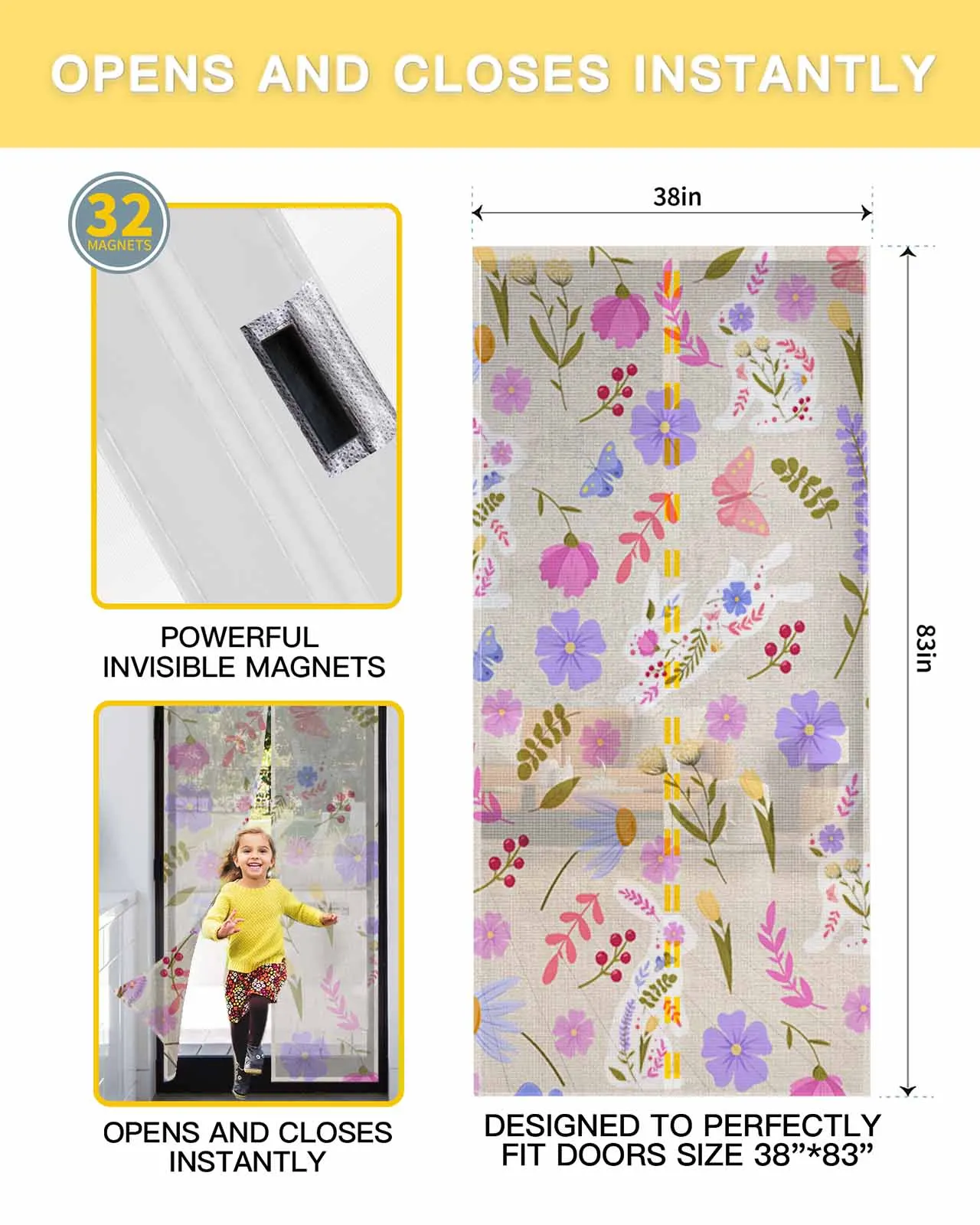 Easter Bunny Flower Abstract Summer Magnetic Door Curtain Living Room Bedroom Home Anti-mosquito Screen Door Curtain