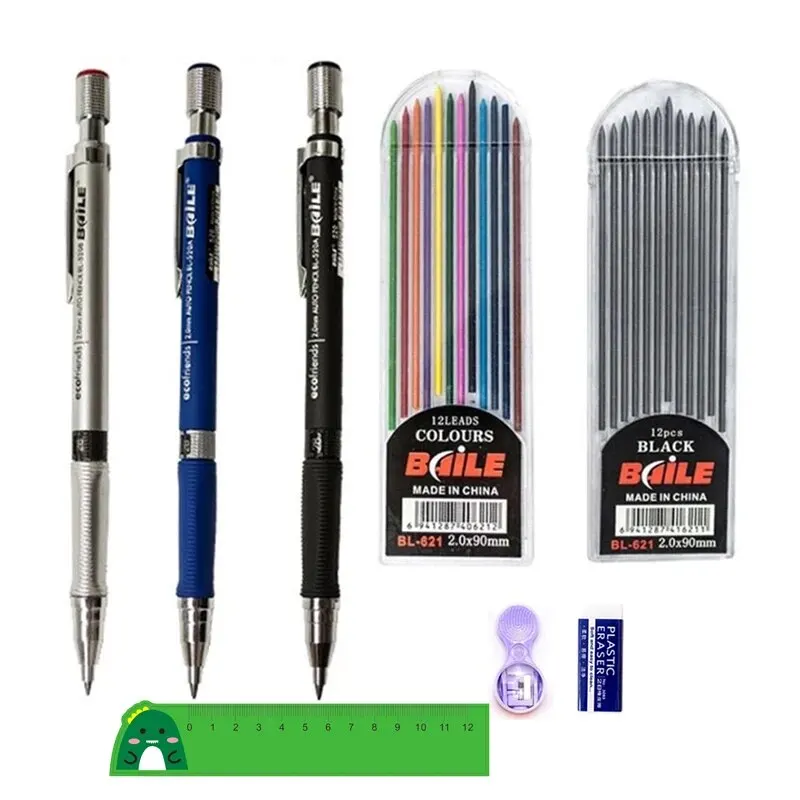 Mechanical Pencil Set 2.0mm with 2B Black/Colors Lead Refill Eraser for Student Writing Sketching Painting Automatic Pencil