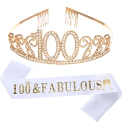 100 and Fabulous Tiara and Sash Set for Women Lady Happy 100th Birthday Party Decoration Supplies Favor Gift-Black White Gold