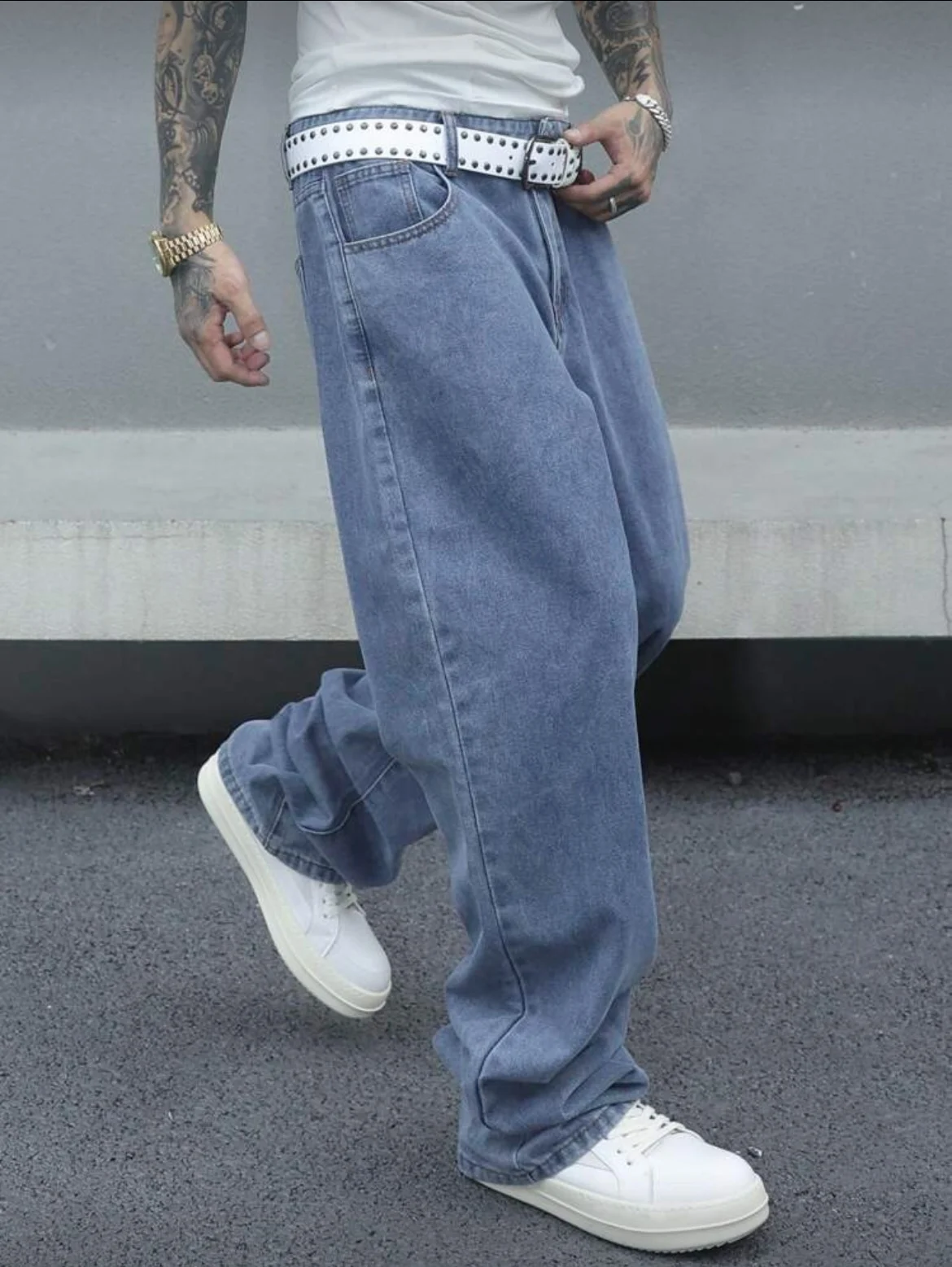 Vintage losvallende gewassen blauwe jeans voor heren, denimbroek met wijde pijpen en rechte pijpen, casual retrostijl, lichtblauw, comfort voor het hele seizoen