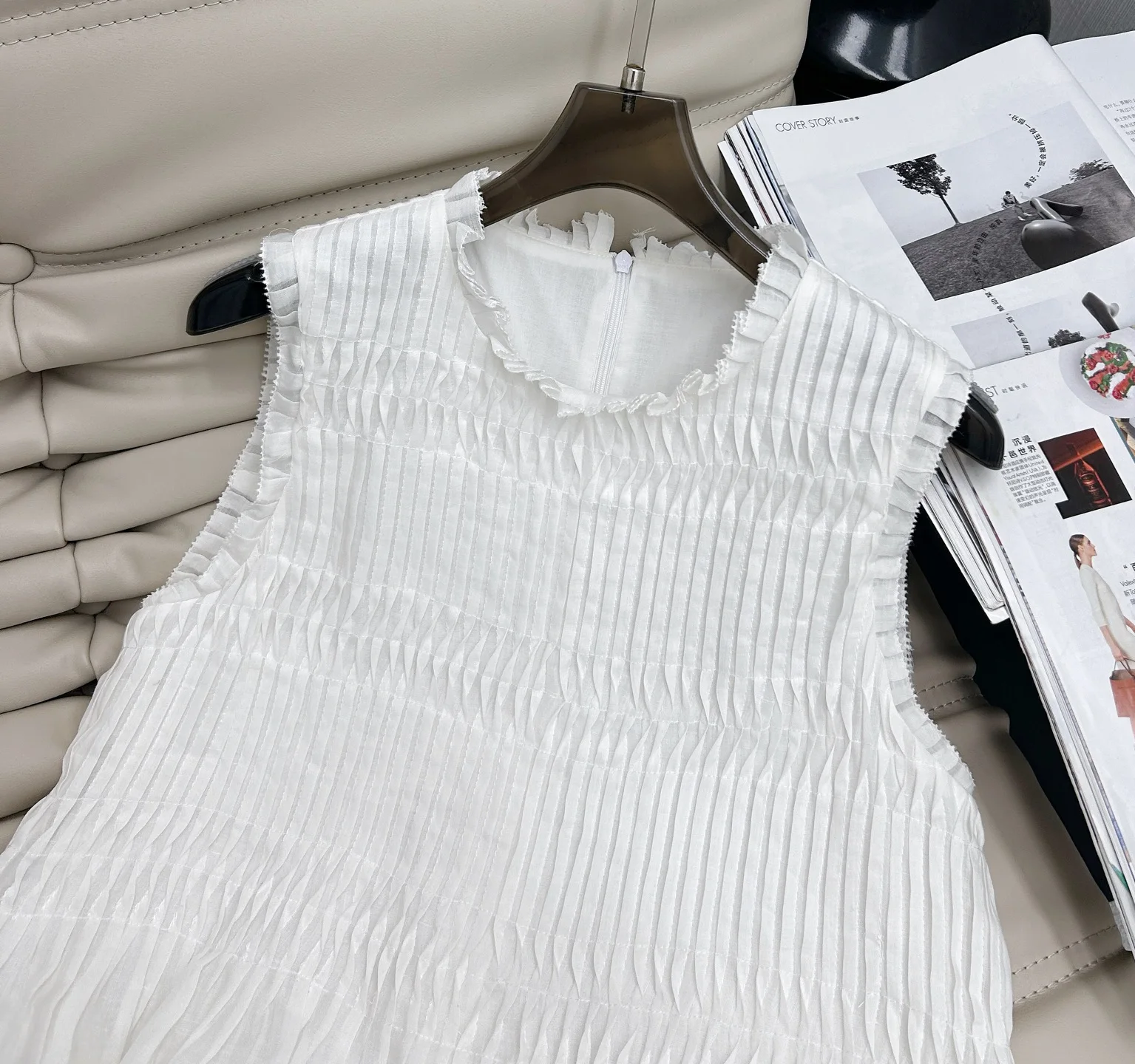 Picture 6: Women's Structured 3D Pleats Cotton Linen Set Baby Doll Lace Vest & Draped Slim Skirt Cottagecore Boho Layered Aesthetics