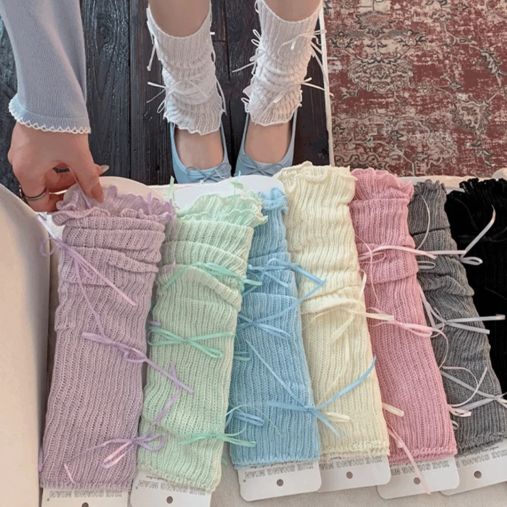 Breathable Cotton Leg Warmers Bow Decor Thin Style Sock Cuffs Macaron Color Lolita Style Calf Socks Cosplay