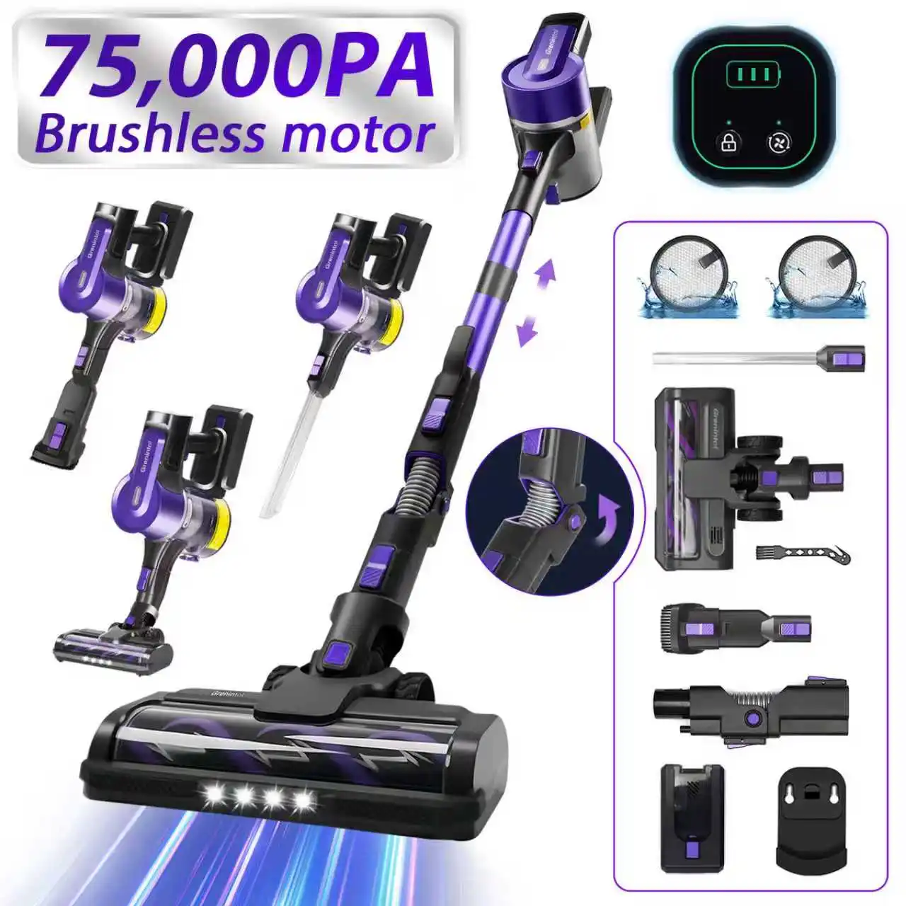 Grenintol 500W 75KPA puissance d'aspiration aspirateur sans fil appareil ménager intelligent portable batterie amovible tasse à poussière