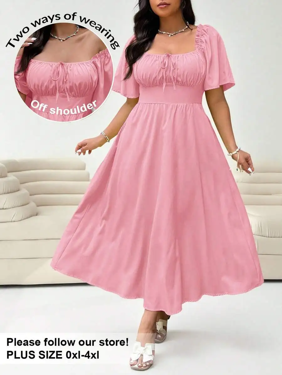 

Розовое платье миди больших размеров с квадратным вырезом, пышными рукавами и завязками