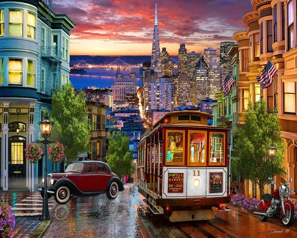 

1000 Pieces 75*50cm Jigsaw Puzzle San Francisco Trolley Wooden Puzzle Fun Gift for Adult Bedroom Classroom Game Room Wall Decor