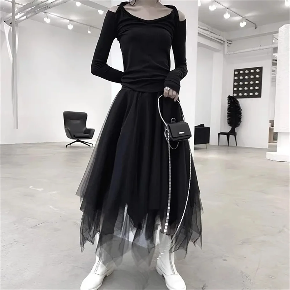 Vintage Punk Gothic Grauer Tüll Langer Unregelmäßiger Plissierter Rock Damen Elastische Hohe Taille A-Linie Mesh Midi-Röcke Streetwear – Detail 2
