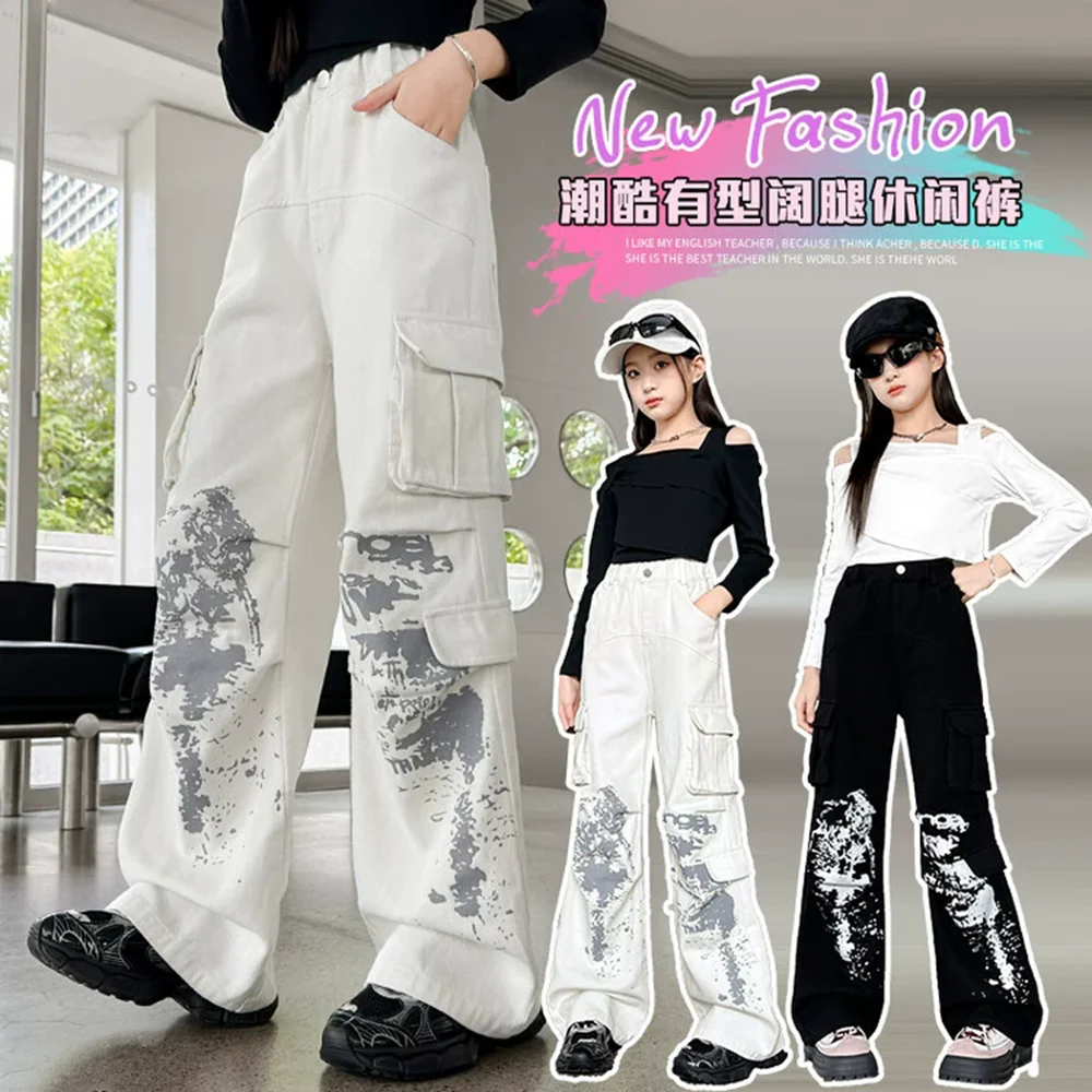 

Autumn Girls' off shoulder long sleeved slim fit top+elastic waistband splashed ink graffiti wide leg work pants two-piece set