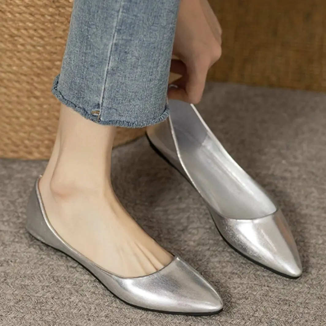 Woman Flats Pointed Toe Moccasins Shoes for Women Silver Slip-on Beau Today Lastest Casual Chic Point Offer Cheap Clearance Shoe