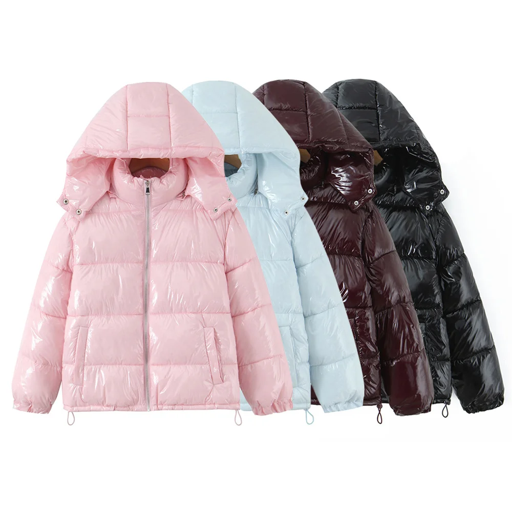 

Зимний новый продукт, женская мода, воротник-стойка, блестящая толстовка с капюшоном на талии и шнурком, короткая хлопковая куртка