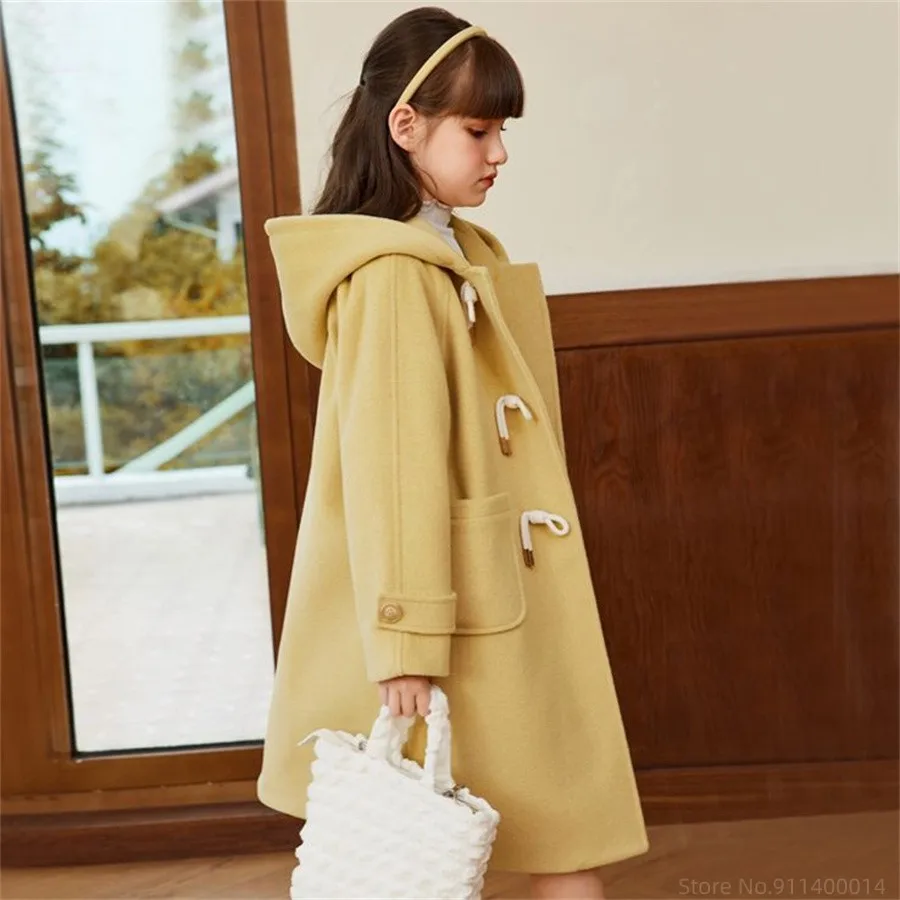 Teenage Girls Clothing 12 14 Years Winter Kid Coat Casual Long Wool Outerwear Autumn Winter Fashion Solid Color Girl Overcoat