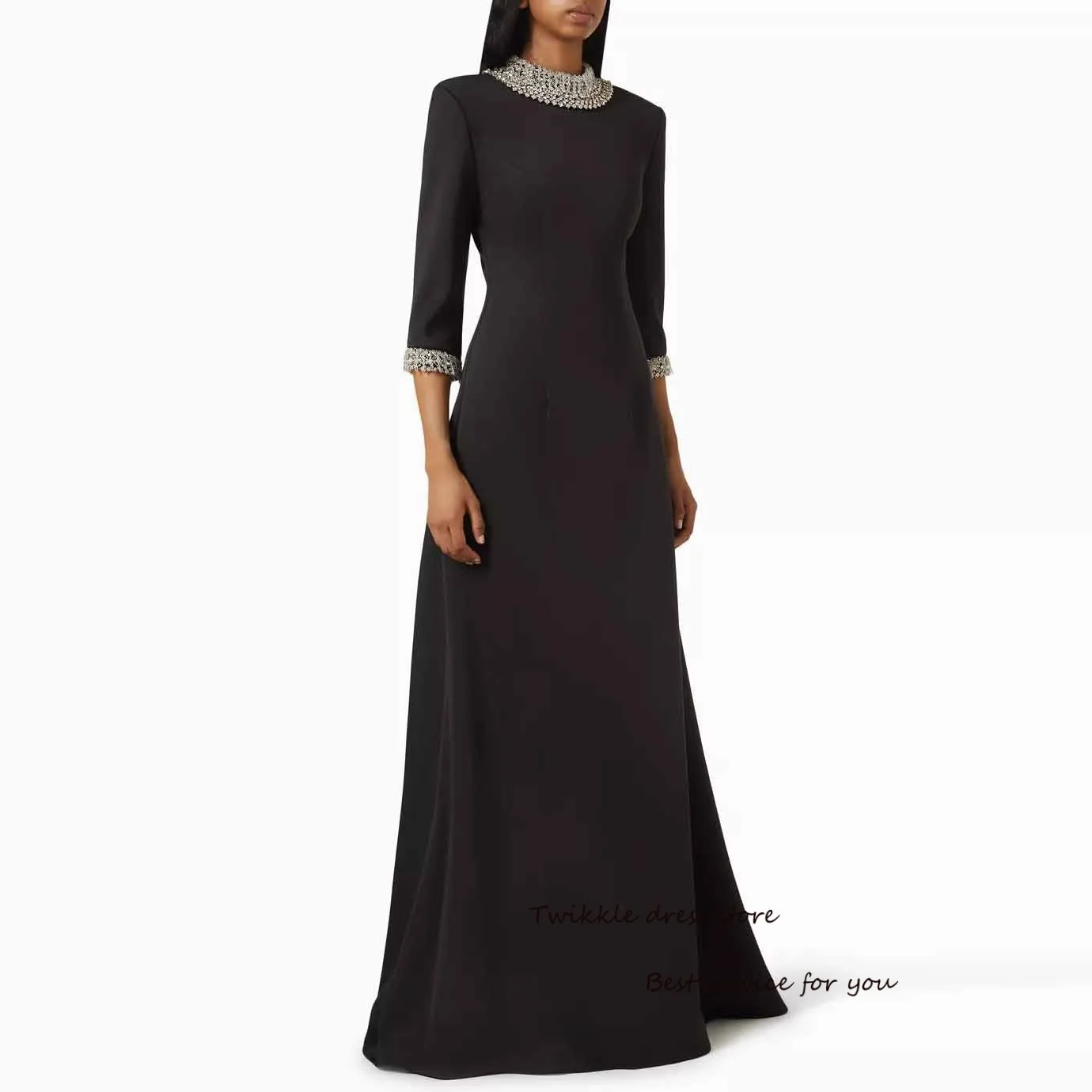 Crepe O-neck Evening Dresses Beaded Crystal Half Sleeve Mermaid Formal Occasion فساتين سهرة with Shoulder Pads Customized