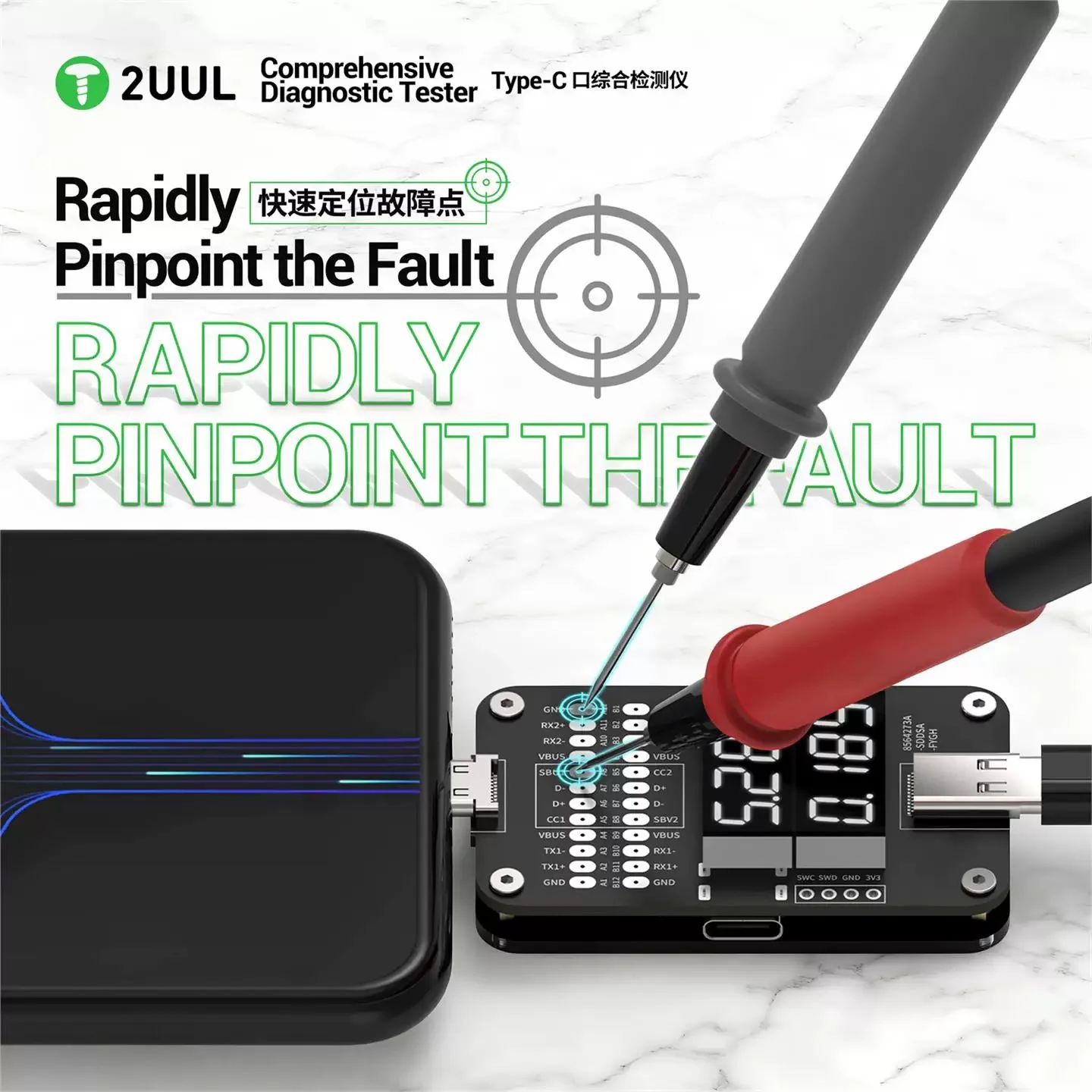 2UUL PW32 Type-C Comprehensive Diagnostic Tester for Mobile Phone Tablet Repair Fault Location Real-Time Charging Detection Tool