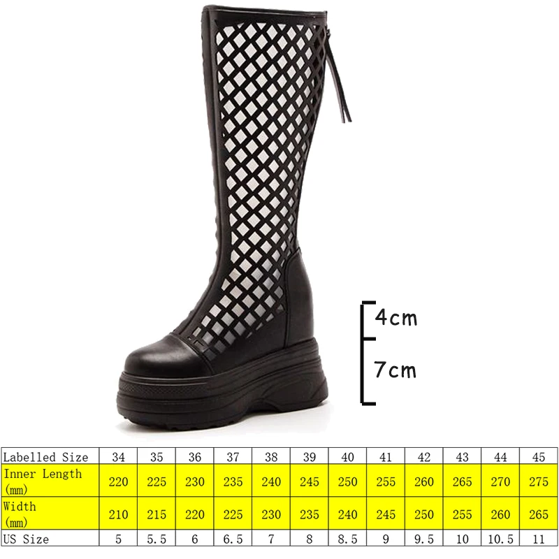 Fujin 11cm Cow Genuine Leather Fashion Breathable ZIP Sandals Hidden Heels Ankle Booties Knee High Platform Wedge Hollow Shoes