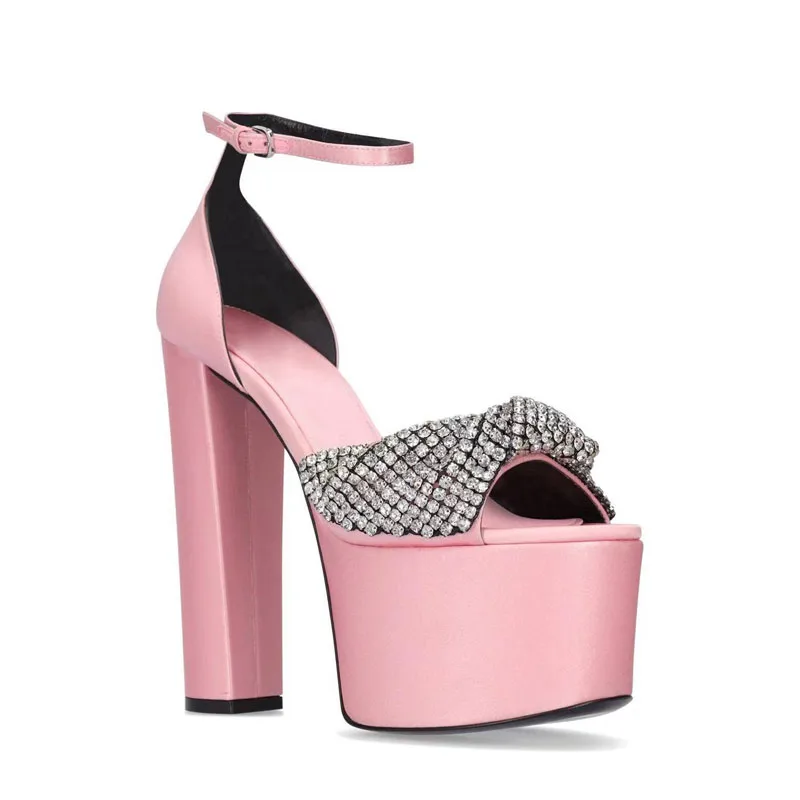 Purple Pink Fold Crystal Knot Chunky High Heels Platform Sandals Peep Toe Bling Rhinestone Drilled Bridal Wedding Shoes Women