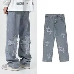 Streetwear gotyckie jeansy damskie Y2K z wysokim stanem spodnie dorywczo Cross Cargo w koreańskim stylu na lato proste luźne punkowe ubrania