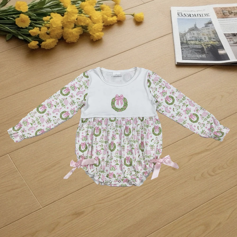 

9.6 Baby Winter Rompers Baby Girls Pink Gifts Bows Holly Print Christmas Ruffle Rompers