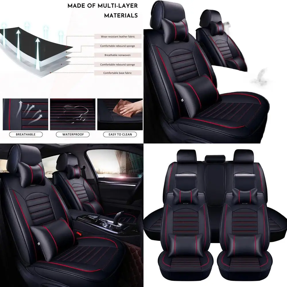 أغطية مقاعد السيارة من الجلد الصناعي باللونين الأسود والأحمر مع وسائد، مقاومة للماء ومسامية، مناسبة لمعظم السيارات وسيارات الدفع الرباعي وTr #1