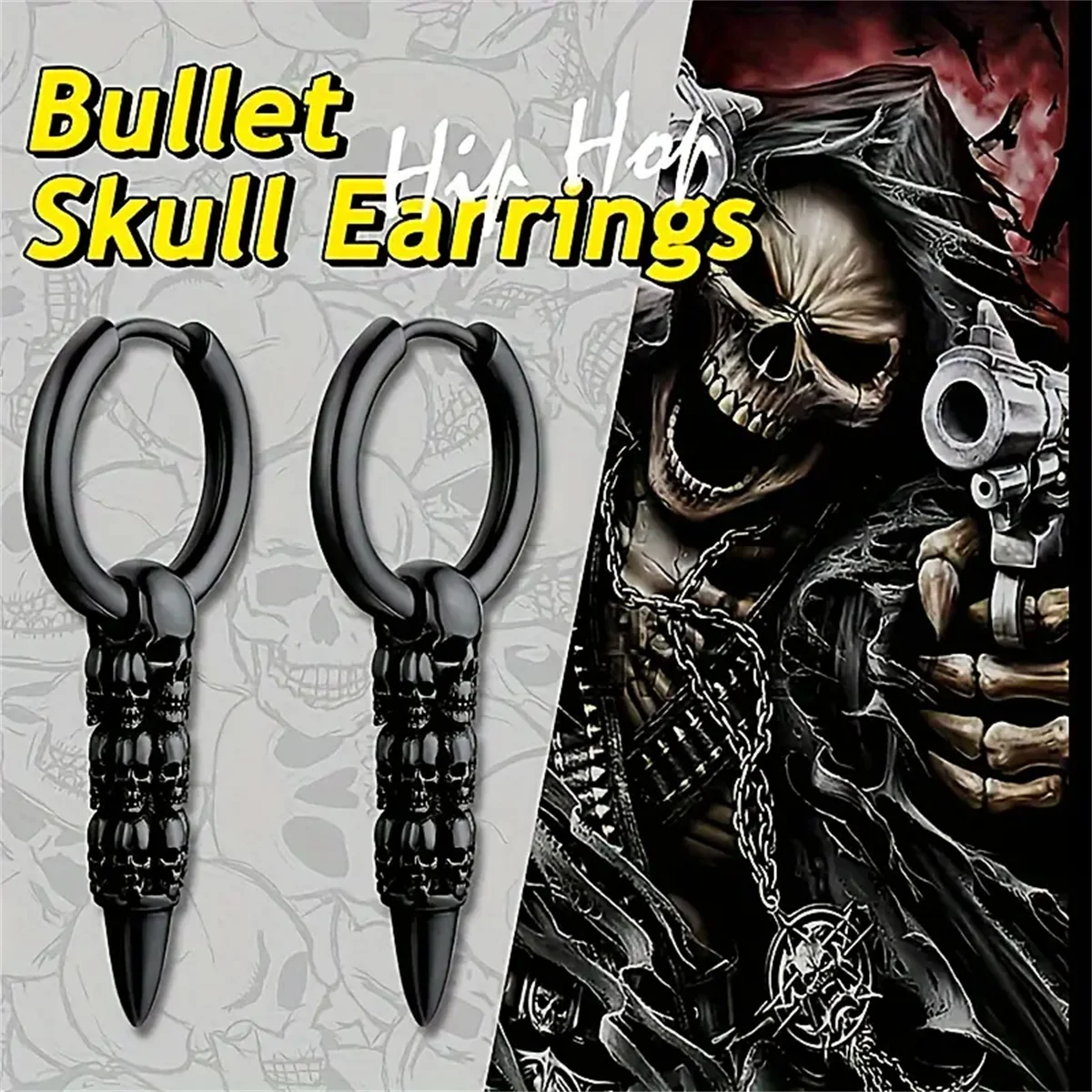 2pcs 316L Stainless Steel Fashion Gothic Skull Bullet Earings, Skull Pendant Hypoallergenicity Ear Cartilage Piercing Jewelry