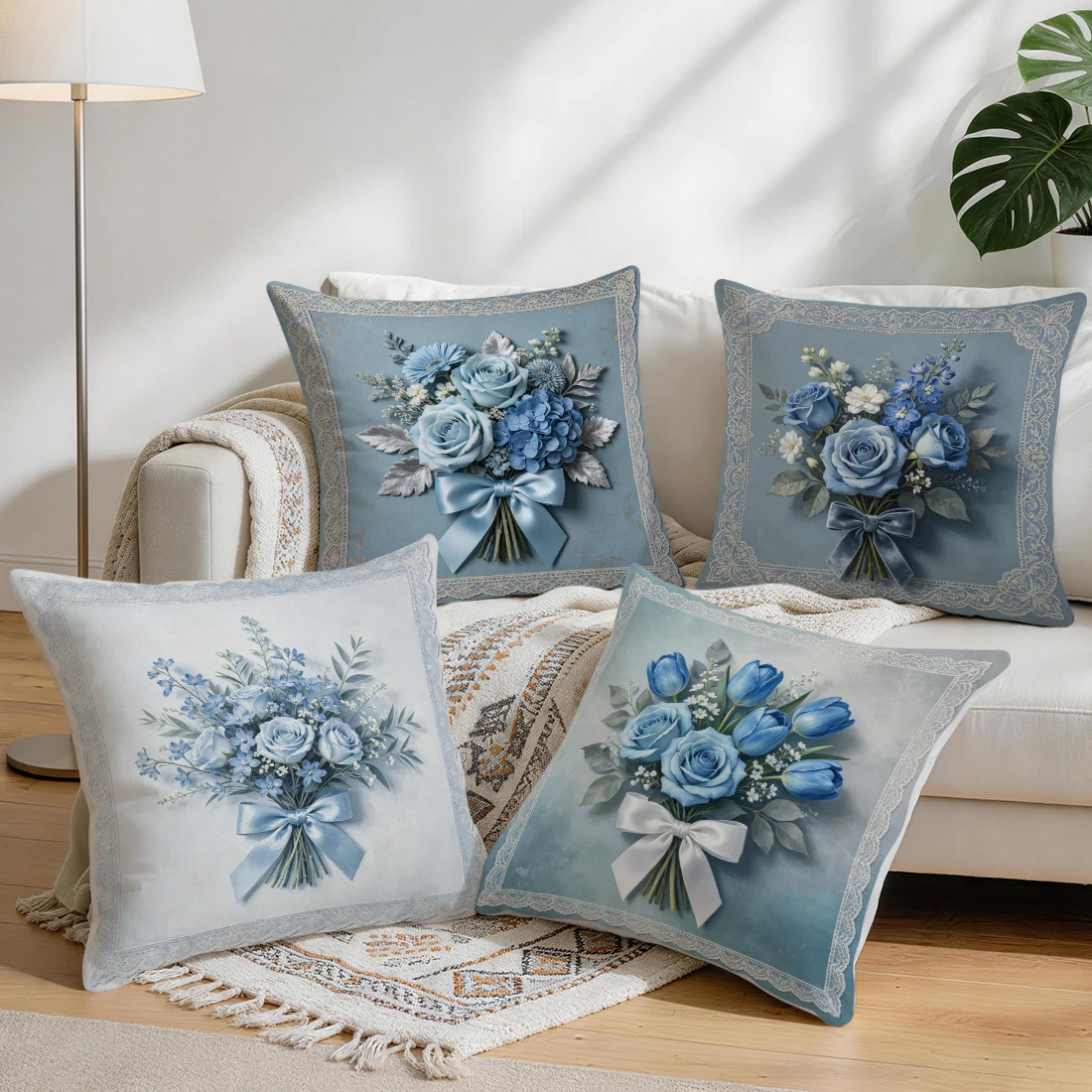 Blue Grey Lace Flower Pillowcase Printed Polyester 40/45/50cm Throw Pillowcover Decorative Sofa Cushion Pillowslip Home Decor