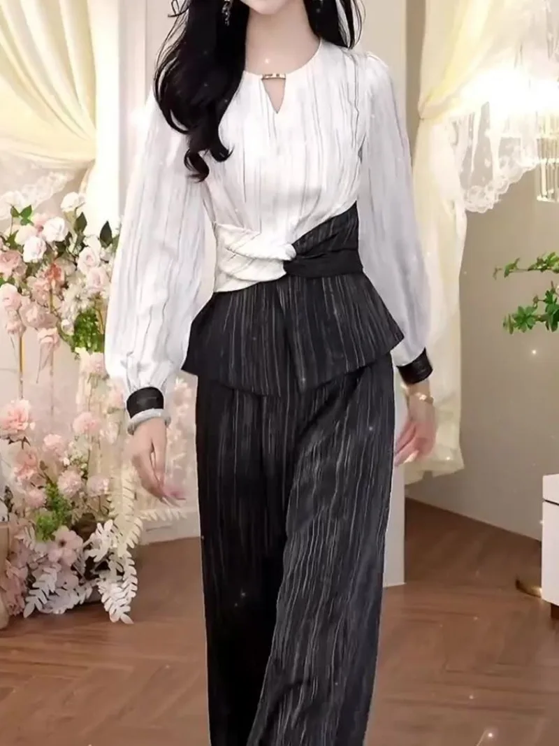 

Новый офисный женский осенний женский костюм, модный тонкий лоскутный топ с круглым вырезом и длинными рукавами + широкие брюки, элегантный комплект из двух предметов