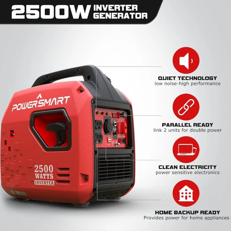 PowerSmart 2500-Watt Super Quiet Portable Inverter Generator, Gas Powered, High Fuel-Efficient Generator Lightweight for Camping