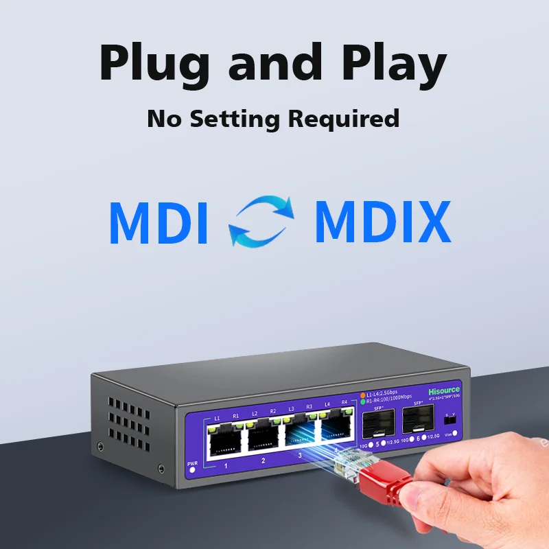 Hisource 2.5G 4 8 Port Ethernet Switch  None POE Networck Switch uplink 2*10G Port for IP Camera/Wireless AP